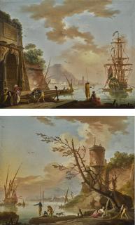 Charles-François Grenier de Lacroix - A Mediterranean Port With Turbaned Figures Beneath A Roman Arch, A Man-O\'-War At Anchor Beyond; A Mediterranean Port With Fishermen By The Shore And Hauling Nets  