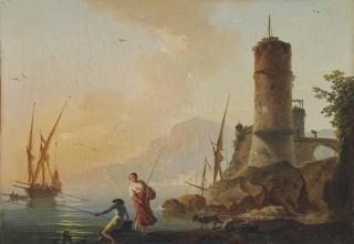 Charles Francois Grenier De Lacroix - Couple De Pêcheurs Sur Un Rivage Au Soleil Couchant