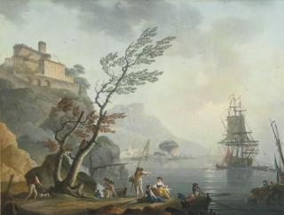 Charles-François Grenier De Lacroix - Fishermen Along A Rocky Shore With A Castle Above On A Promontory And Shipping In A Calm Sea Beyond
