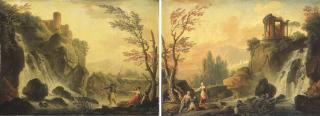 Charles-François Grenier De Lacroix - Paysage avec un château en ruines surplombant une cascade, un groupe de pêcheurs au premier plan; et Paysage avec le Temple de la Sybille à Tivoli, un groupe de pêcheurs au premier plan