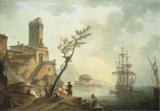 Charles-Francois Grenier De Lacroix - Pêcheurs et lavandières sur un rivage devant une ville fortifiée