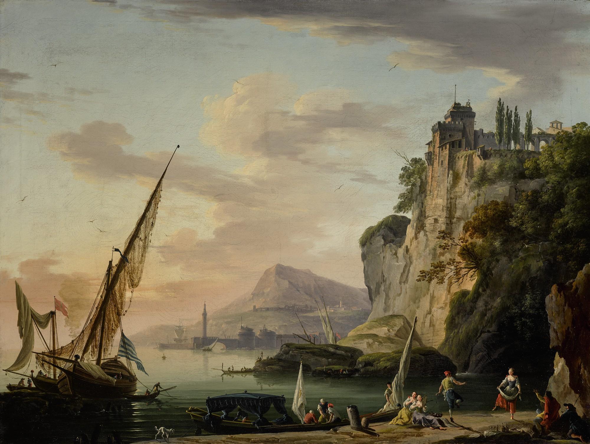 Charles-François Grenier De Lacroix - View Of A Mediterranean Port At Sunset, With Fishermen In The Foreground And A Fortress On A Hill At Right