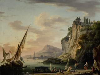 Charles-François Grenier De Lacroix - View Of A Mediterranean Port At Sunset, With Fishermen In The Foreground And A Fortress On A Hill At Right