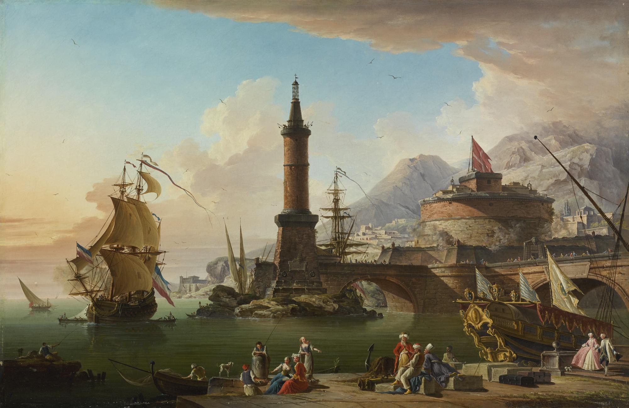 Charles-François Grenier De Lacroix - View Of A Mediterranean Seaport At Dusk, With Fishermen And Elegant Figures Gathered Along The Harbor As A Ship Pulls In