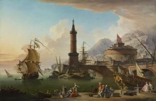 Charles-François Grenier De Lacroix - View Of A Mediterranean Seaport At Dusk, With Fishermen And Elegant Figures Gathered Along The Harbor As A Ship Pulls In