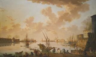 Charles-François Grenier De Lacroix - View Of Civitavecchia, \'Port Of Rome\', With Boats In The Harbour And Figures On The Quay
