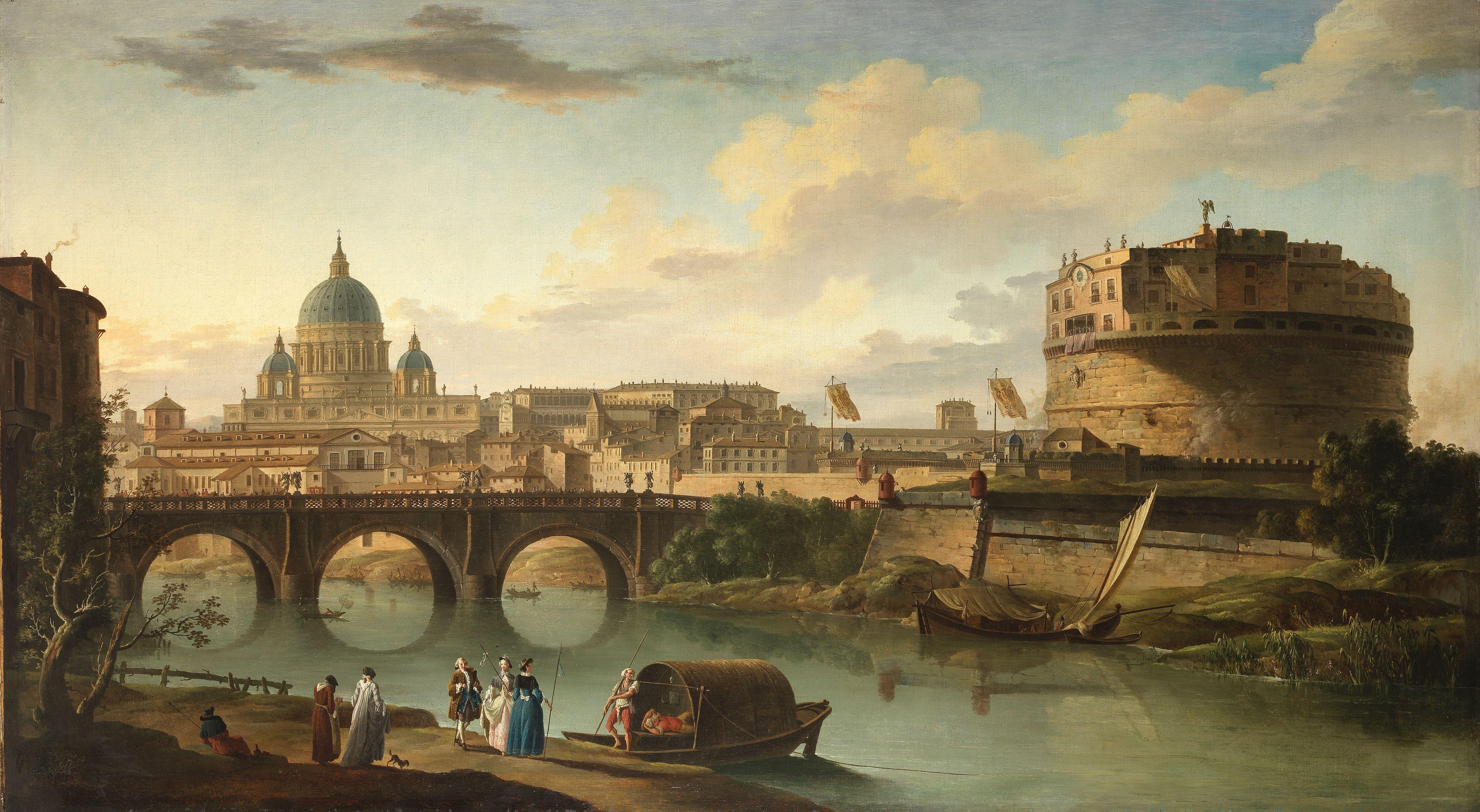 Charles François Grenier Lacroix - The Tiber, Rome, with the Castel Sant\'Angelo and Saint Peter\'s basilica in the distance