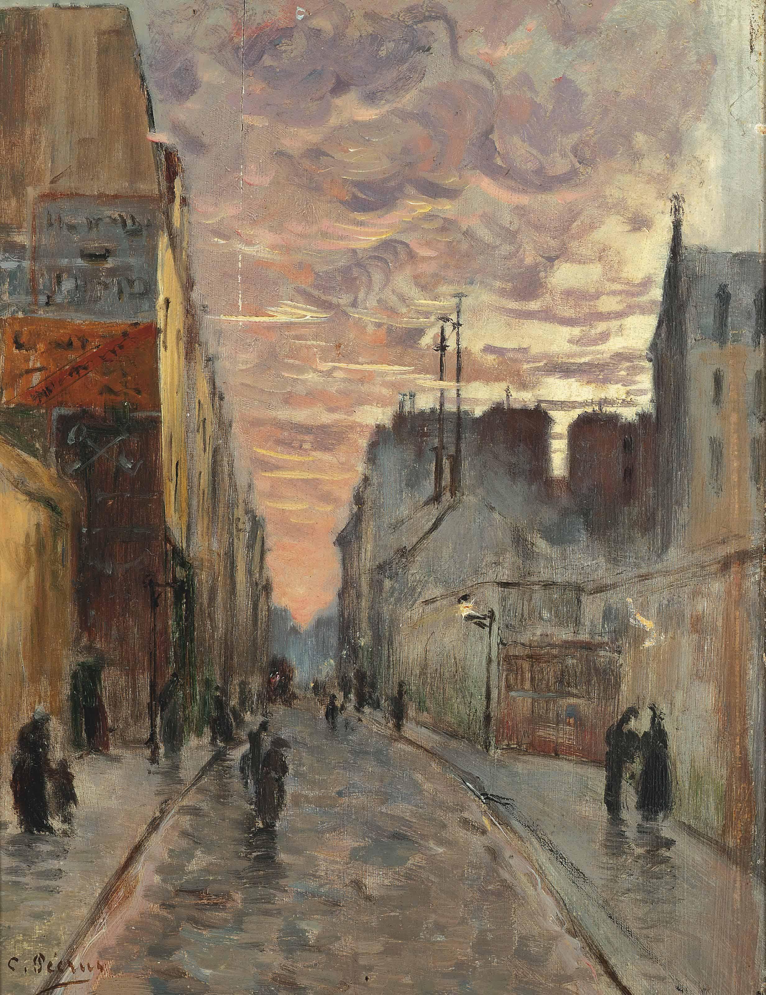 Charles François Pécrus - A bustling street at dusk