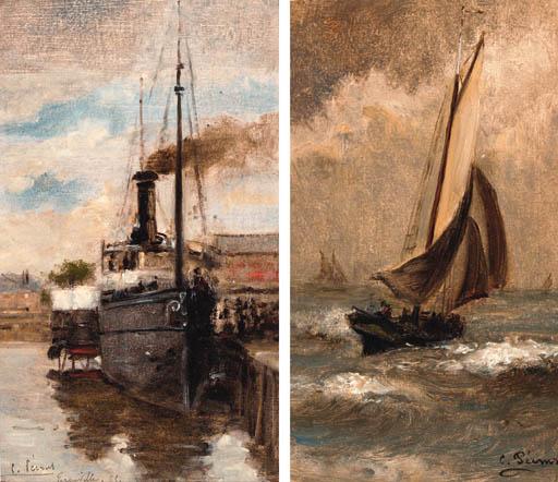 Charles François Pécrus - A steamer in the harbour at Trouville; and A ship at sea in stormy weather