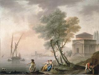 Charles-Franis Grenier de Lacroix - A Mediterranean port with fishermen on the shore, and a classical temple