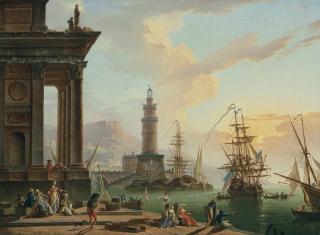 Charles-Franois Grenier De La Croix, Called Lacroix De Marseille - A Mediterranean Port With Elegant Figures In Oriental Costume And Fisherfolk On The Shore, A Dutch Man-O-War Beyond