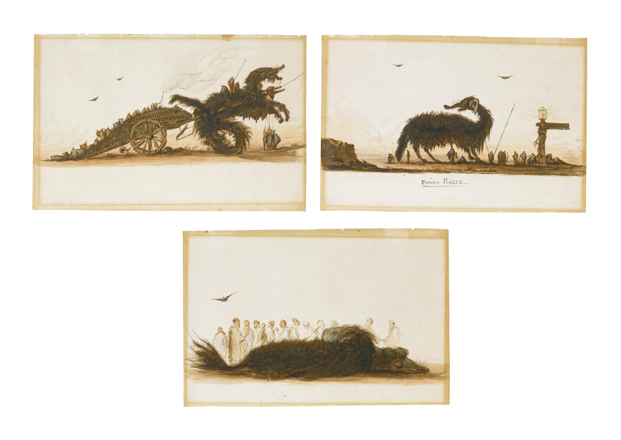 Charles Frédéric Soëhnée - Three Watercolours Of A Monster: A) Premiere Halte: A Monster At A Crossroads With Figures B) A Monster Pulling A Cart C) A Monster Asleep Surrounded By Orientals