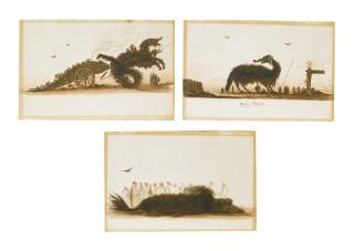 Charles Frédéric Soëhnée - Three Watercolours Of A Monster: A) Premiere Halte: A Monster At A Crossroads With Figures B) A Monster Pulling A Cart C) A Monster Asleep Surrounded By Orientals