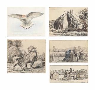 Charles Frederick Tunnicliffe, R.A. - Kestrel in flight; The haystack; The colt; The harvesters; and Kents Croft farm, Sutton