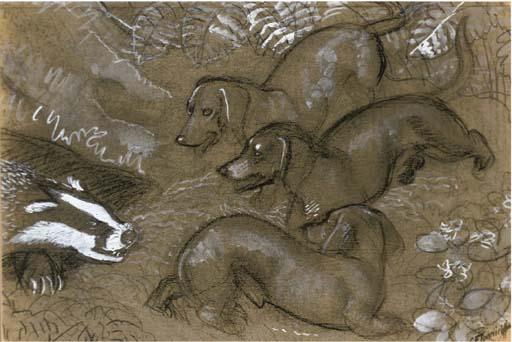Charles Frederick Tunnicliffe - A Badger With Three Dachshunds, A Sketch