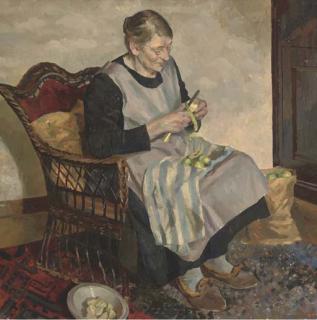 Charles Frederick Tunnicliffe - Portrait of the artist\'s mother, Margaret Tunnicliffe (1867-1942), seated in an interior, peeling apples