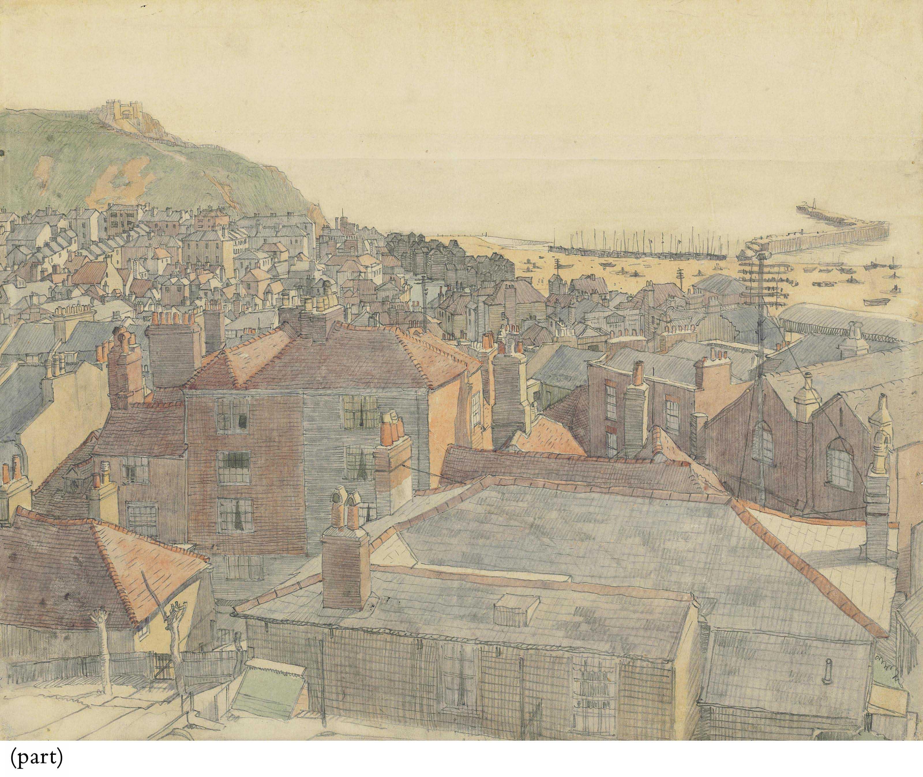 Charles Ginner, A.R.A. - View of Hastings; Through a Sussex Window;  and  Church and Barn, Waltham St Lawrence