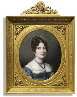 Charles Guillaume Alexandre Bourgeois - A portrait of the artist\'s wife in blue plaid dress with white underslip, pearls and blue beaded necklace, wearing a gem-set gold comb in her dark curling hair