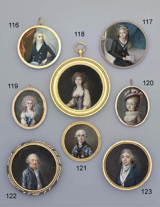 Charles Guillaume Alexandre Bourgeois - A Young Gentleman, In Blue Coat, Grey Waistcoat And Shirt, Checked Grey Knotted Cravat, Long Powdered Curling Hair