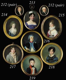 Charles Guillaume Alexandre Bourgeois - A young lady, facing right in lilac-coloured dress with white underslip, gold buckle at corsage, drop pearl earrings, thin black necklace, white plume in her upswept and curled brown hair