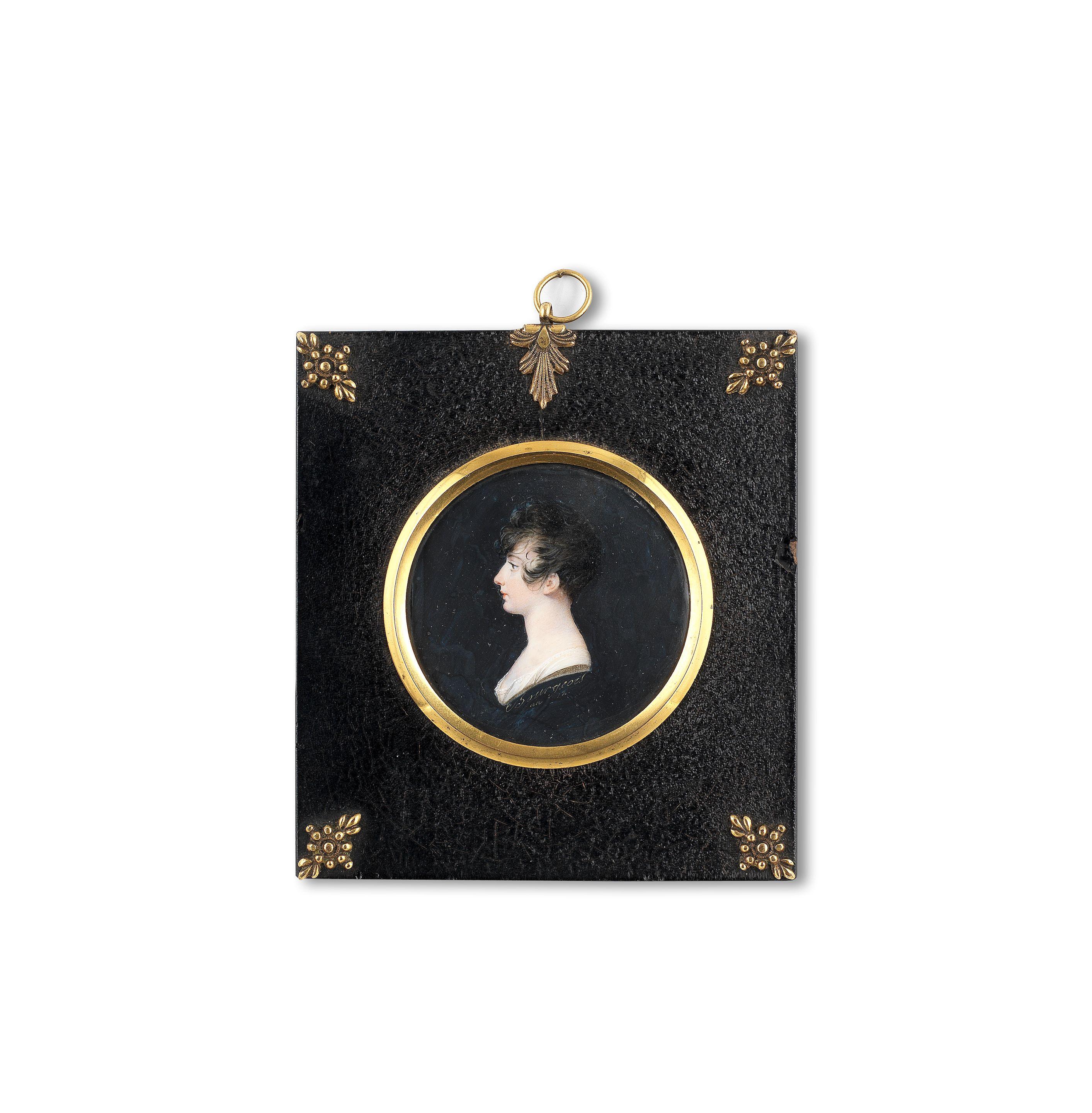 Charles-Guillaume-Alexandre Bourgeois - Portrait of a lady in profile wearing a black dress and white chemise 6.3 cm (2 1/2 in) diameter