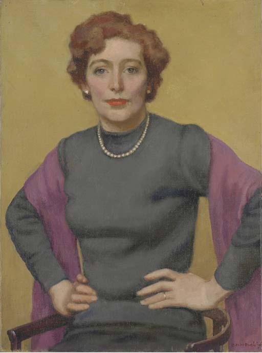 Charles H.H. Burleigh - Portrait of the artist\'s wife, Avril Burleigh, seated half-length, in a grey sweater with a purple shawl and pearl necklace