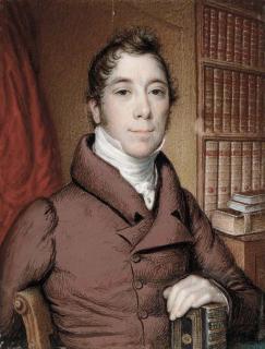 Charles Hayter - A young gentleman believed to be Rev. Lee, seated facing right in brown coat and white cravat, his left hand resting on the Holy Bible; library interior (cracked)