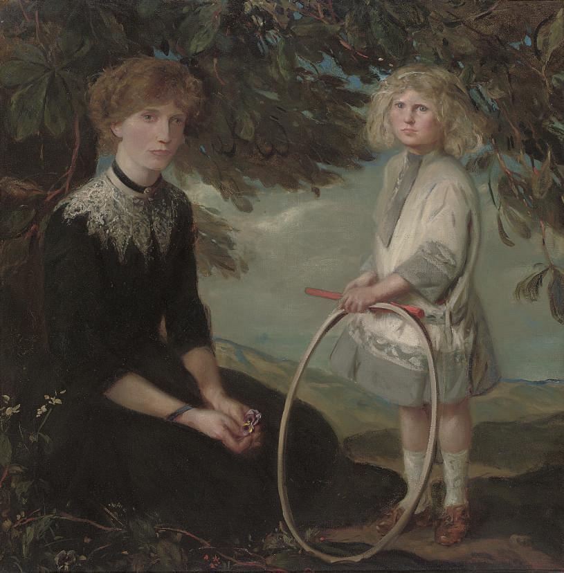 Charles Hazelwood Shannon, R.A., A.R.P.E. - Portrait of a mother, seated full-length in a garden, her daughter standing beside her holding a hoop