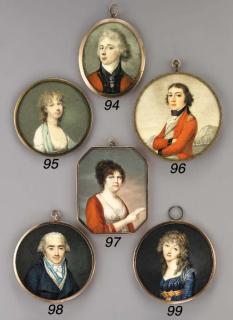 Charles Hénard - A young lady, facing right, in blue silk dress with ochre-coloured sash tied in a bow at waist, white-bordered gauze scarf over her left shoulder, ochre-coloured ribbon in her long curling powdered hair