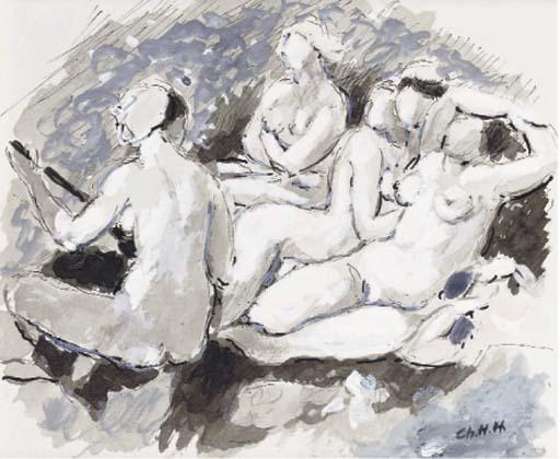 Charles Henri Herrmann - Scène de baigneuse, étude d\'après Ingres