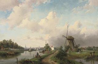 Charles Henri Joseph Leickert - A summer\'s day at a Dutch windmill