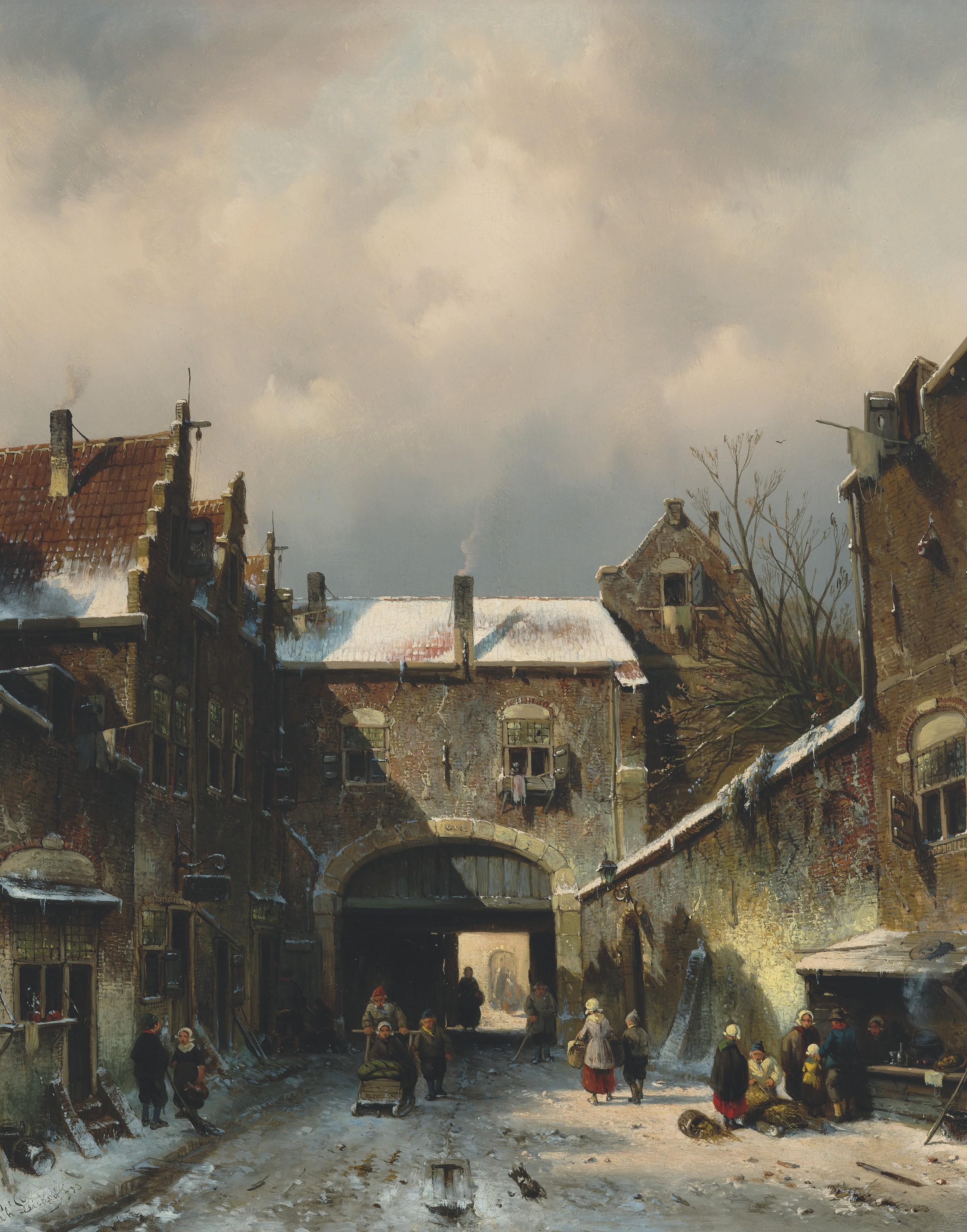 Charles Henri Joseph Leickert - A village street scene in winter