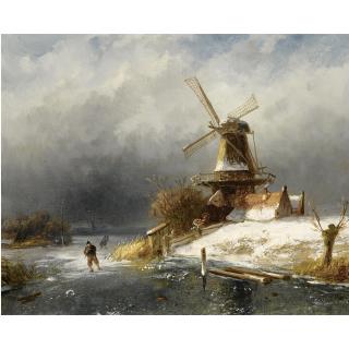 Charles Henri Joseph Leickert - Dutch a Winter Landscape With Skaters Near A Windmill