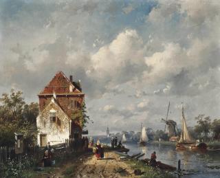 Charles Henri Joseph Leickert - Figures Strolling By A Dutch Canal