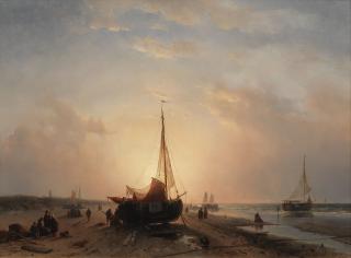 Charles Henri Joseph Leickert - Fisherfolk tending to their boats, sunset