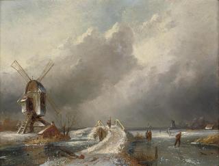Charles Henri Joseph Leickert - Skaters by a windmill