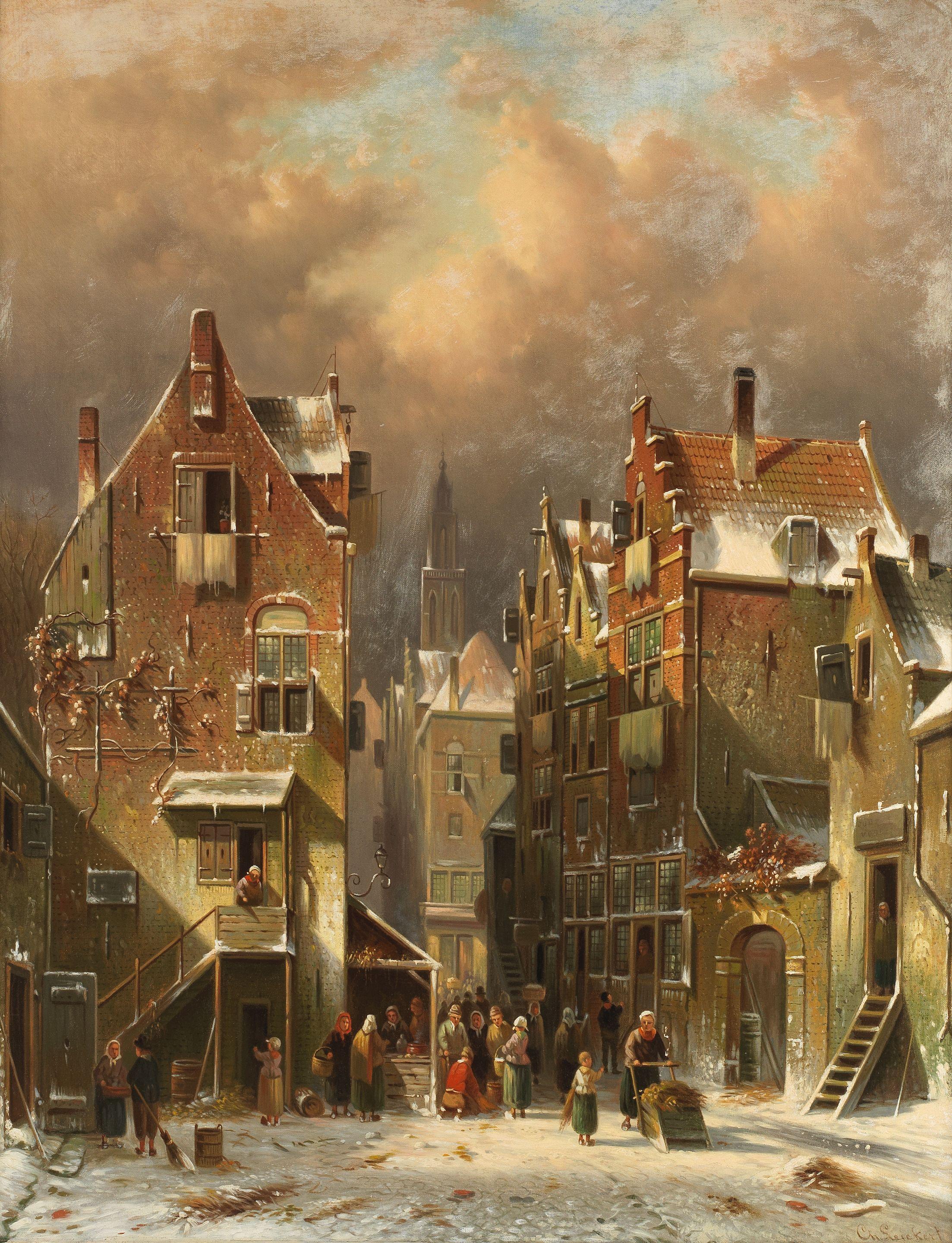 Charles Henri Joseph Leickert - Winter street scene with figures