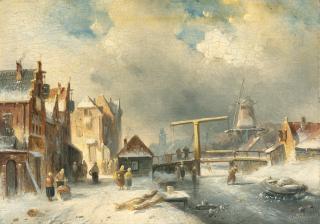Charles Henri Joseph Leickert - Winterliche Dorfszene an einem Kanal mit holländischer Windmühle