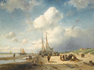 Charles Henri Leickert - Belgian coastal Scene With Fisherfolk