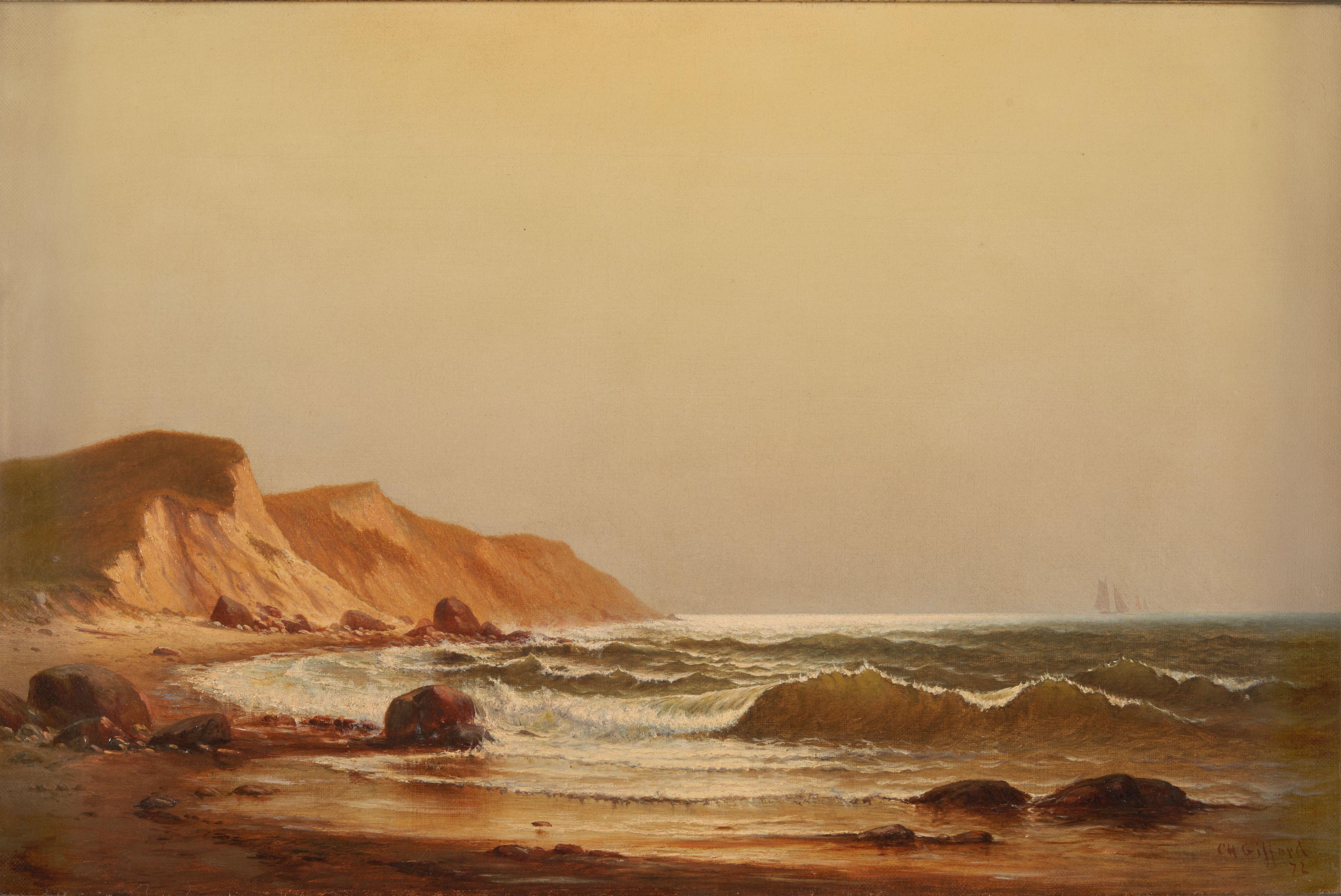 Charles Henry Gifford - A Coastal Scene with Cliffs and a Distant Schooner