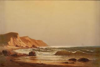 Charles Henry Gifford - A Coastal Scene with Cliffs and a Distant Schooner