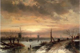 Charles Henry Joseph Leickert - Figures at a frozen Dutch waterway, dusk