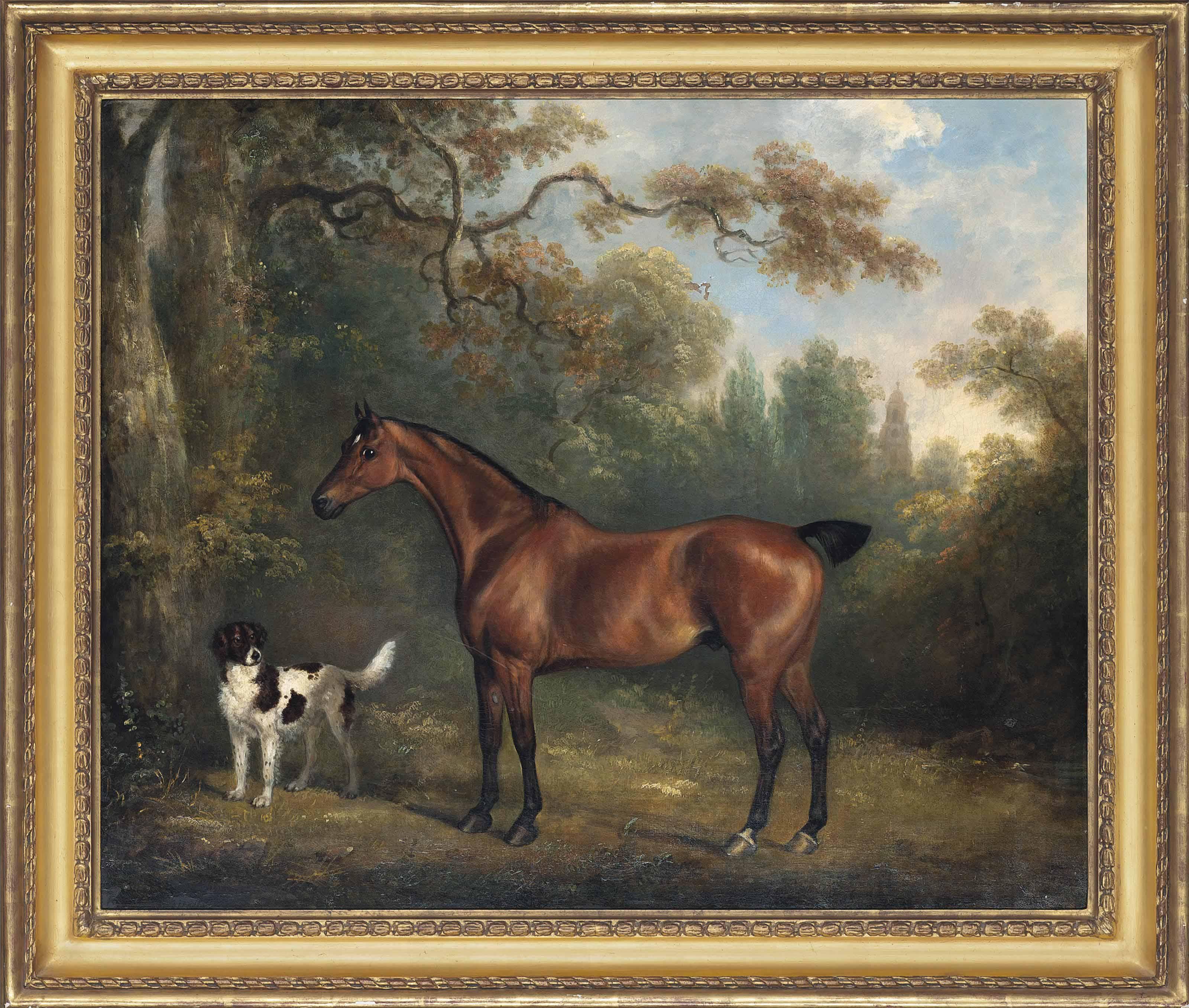 Charles Henry Schwanfelder - A Bay Horse And A Spaniel In A Wooded Landscape