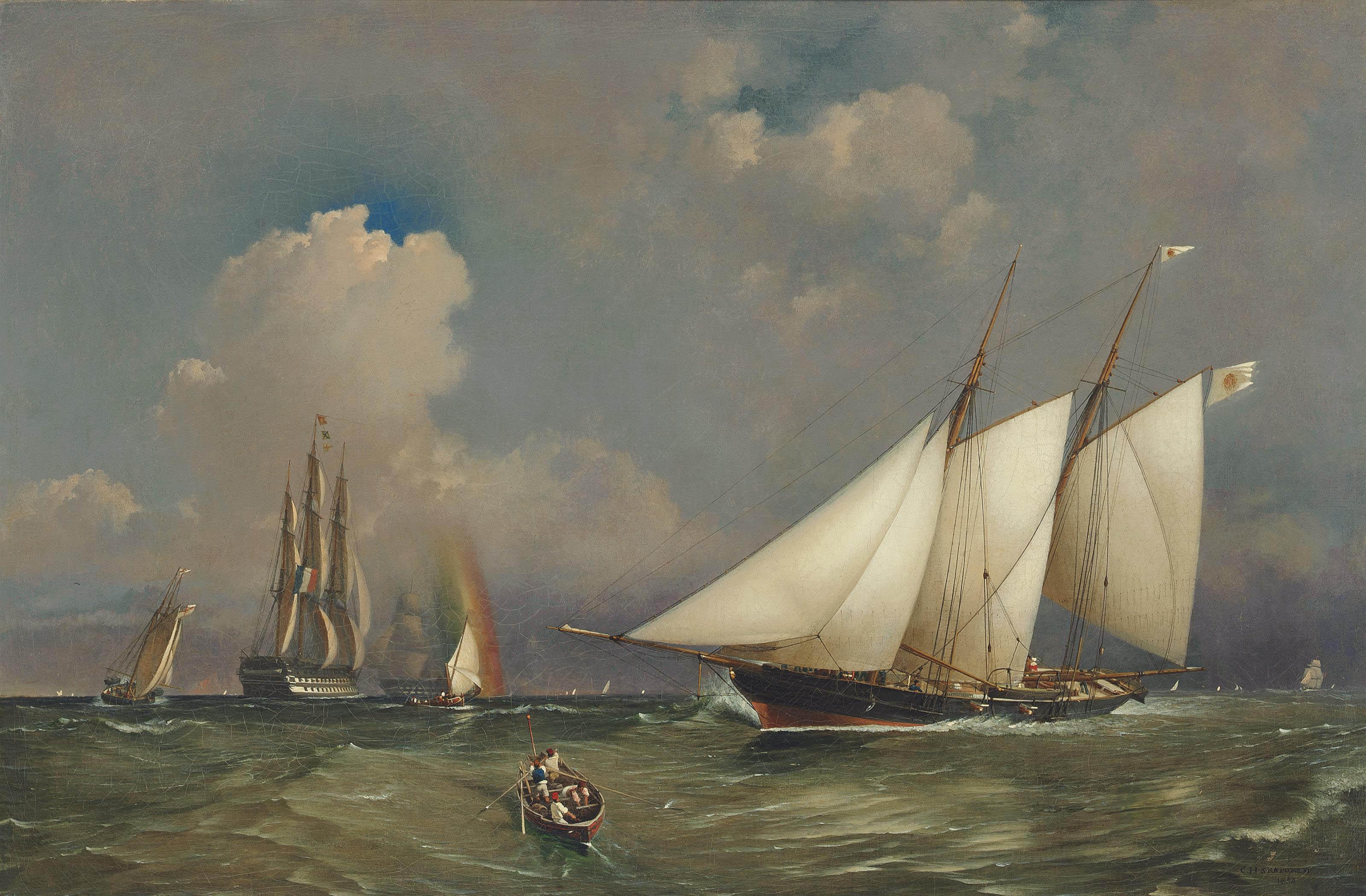 Charles Henry Seaforth - A large trading schooner, a French warship, a Royal Yacht Squadron schooner and other shipping in coastal waters