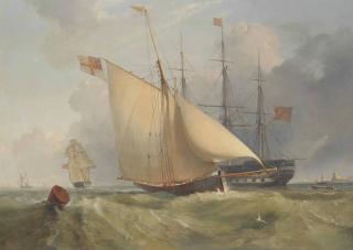 Charles Henry Seaforth - A Royal Navy Three-Decker Lying In The Anchorage At Spithead With A Cutter Yacht Heading Into Portsmouth Off To Port