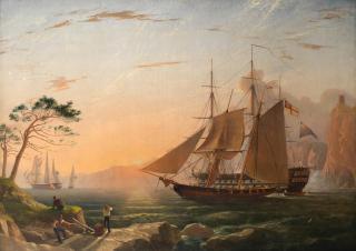 Charles Henry Seaforth - The King\'s ships getting underway in Mediterranean waters, sunrise