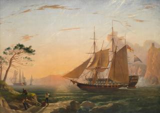 Charles Henry Seaforth - The King\'s ships getting underway in Mediterranean waters, sunrise