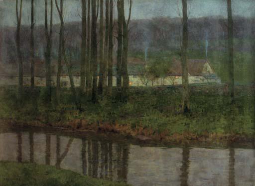 Charles Herbert Eastlake - Riverside cottages at twilight