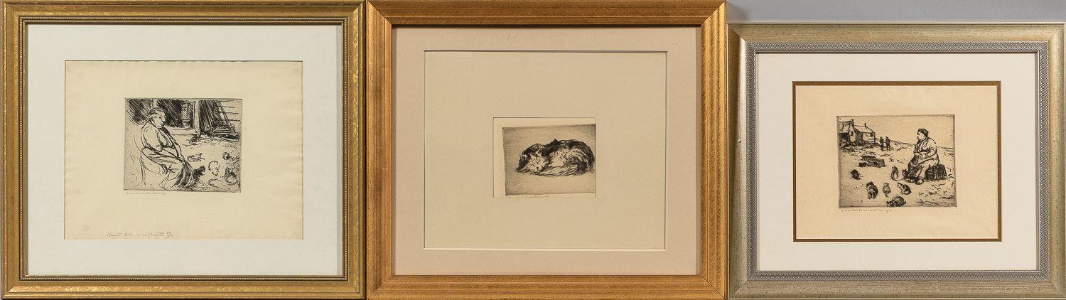 Charles Herbert Woodbury - Three Framed Etchings: Mrs. Dexter with Cats II, Woodbury Cat, and Mrs. Sam Dexter on Lobster Trap