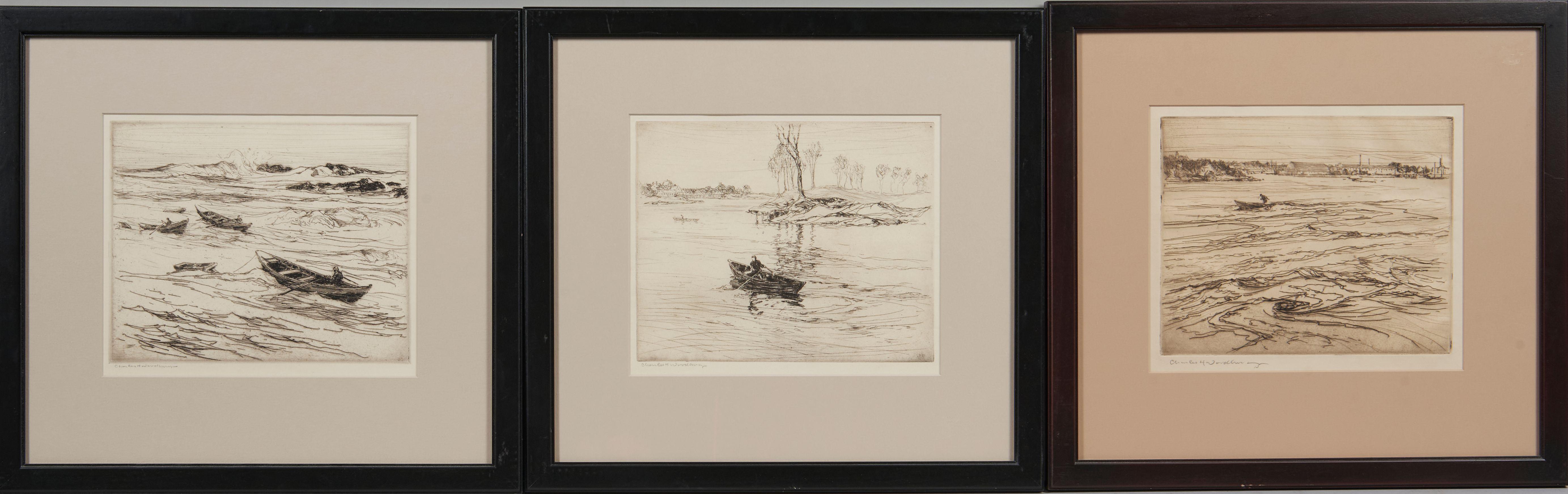 Charles Herbert Woodbury - Three Maritime Scenes Each signed \'Charles H. Woodbury\' in pencil lower left, etchings on paper, matted and framed. plates 8 7/8 x 11 in. (22.7 x 28.0 cm)
